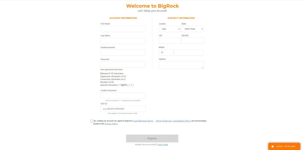 bigrock register new account interface